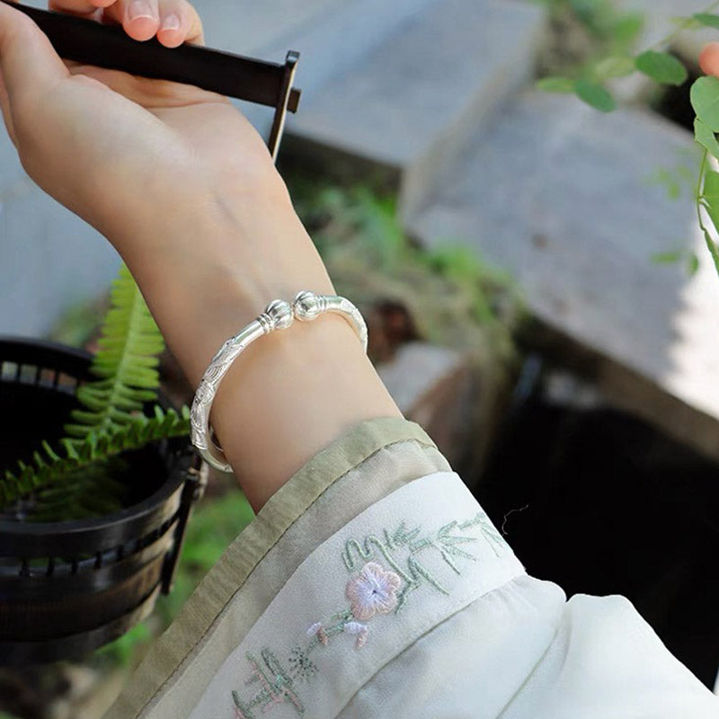 Hand Carved Retro Chinese Lotus Pattern Pure Solid Silver Bangle Bracelet with Pumpkin Shaped Opening-Lovesyouforever
