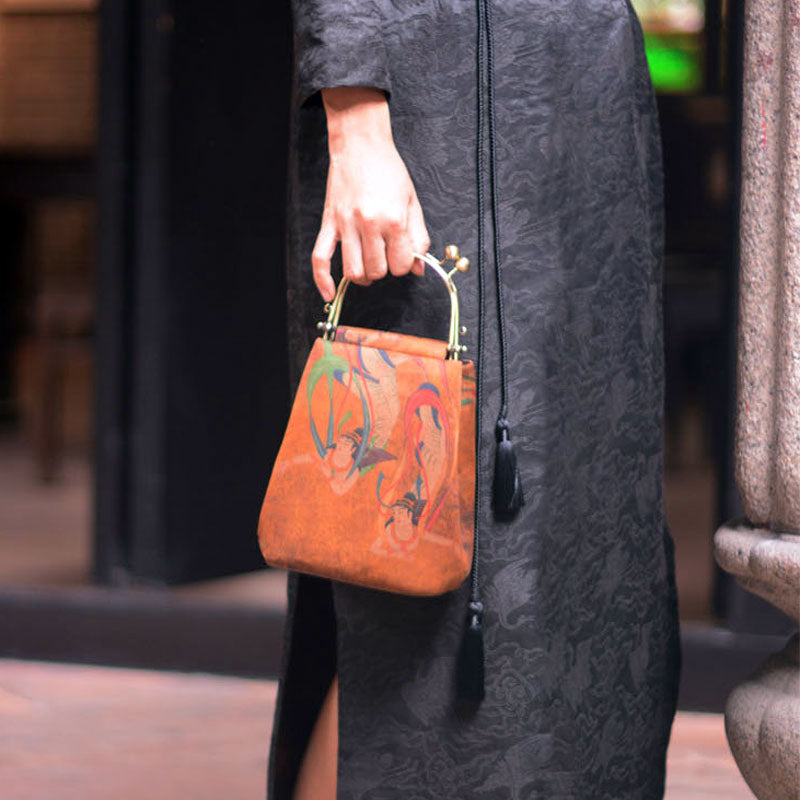 Vintage Chinese Style Retro Brown Feitian Flying Apsaras Silk Handbag with Tassel Charm-Lovesyouforever