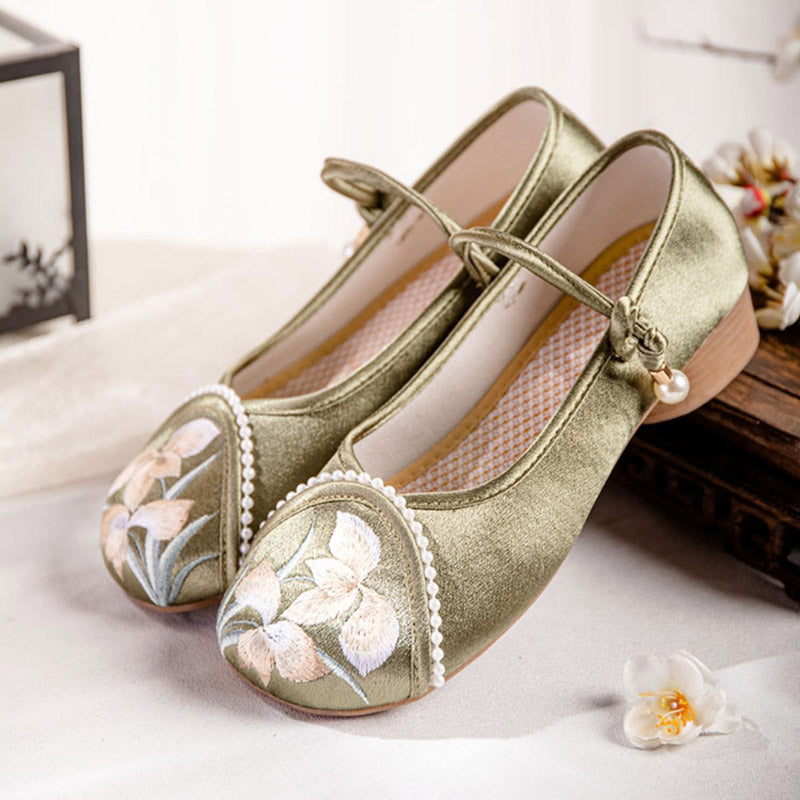 Orchid Flower Embroidery Ankle Strap Low Heel Shoes-Lovesyouforever