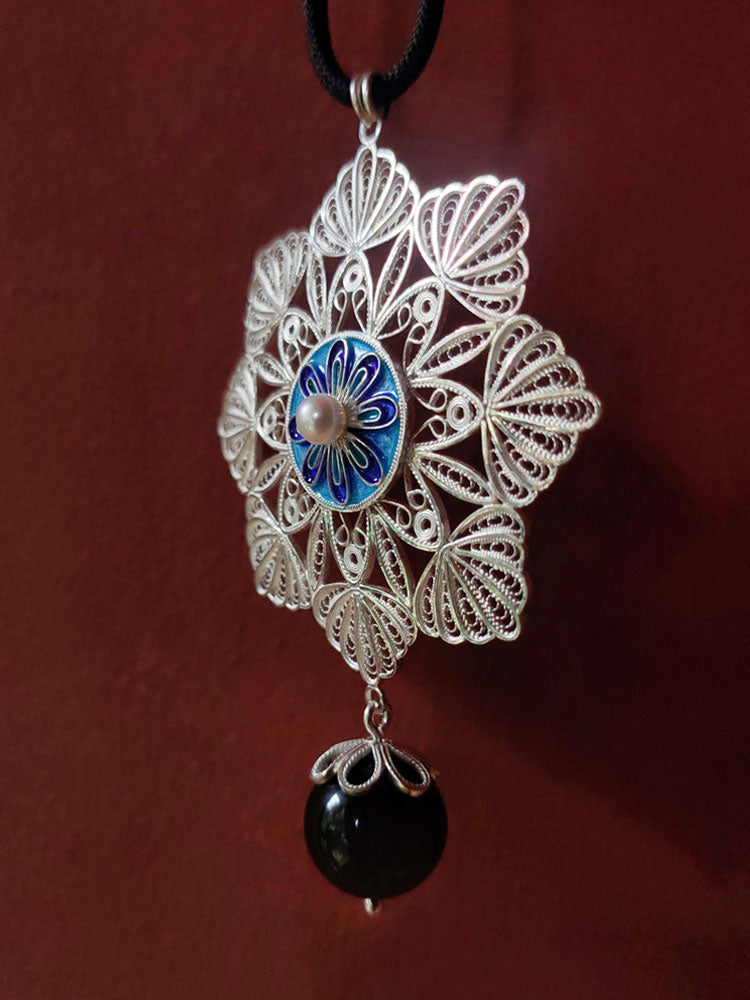 Vintage Cloisonné Silver Filigree Inlaid Freshwater Pearl Mandala Flower Necklace Pendant - Traditional Handcrafted Jewelry Gift-Lovesyouforever