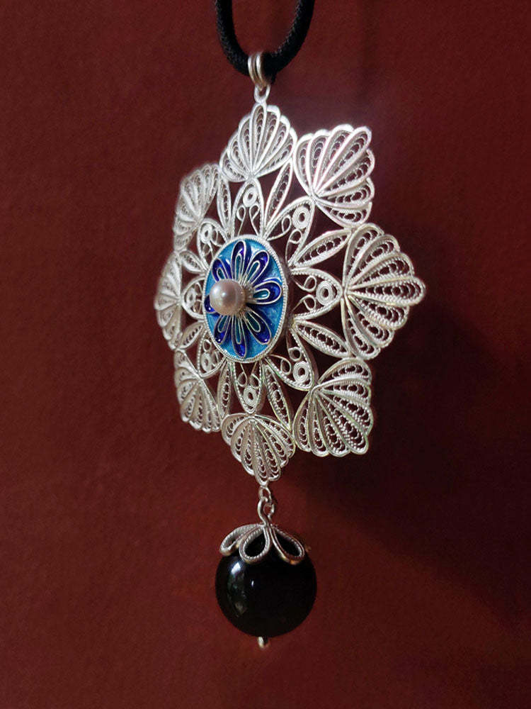 Vintage Cloisonné Silver Filigree Inlaid Freshwater Pearl Mandala Flower Necklace Pendant - Traditional Handcrafted Jewelry Gift-Lovesyouforever