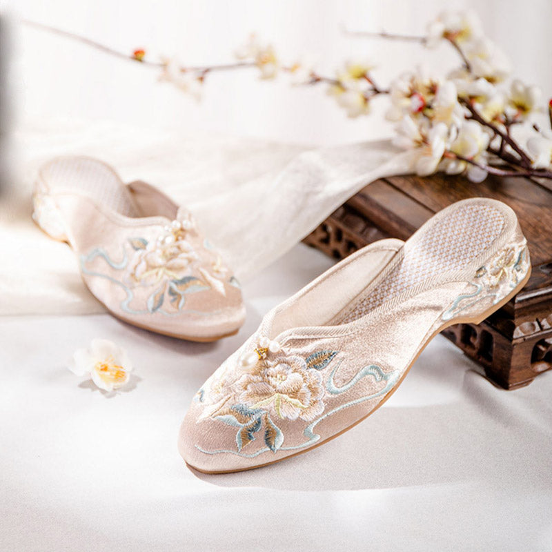 Vintage Peony Embroidery Pearl Buckle Slippers-Lovesyouforever