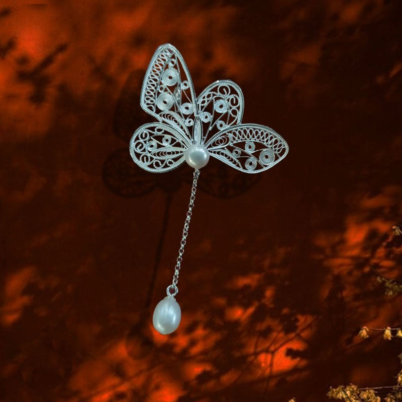 Vintage Plain Silver Filigree Butterfly Brooch/Pendant with Natural Freshwater Pearls-Lovesyouforever
