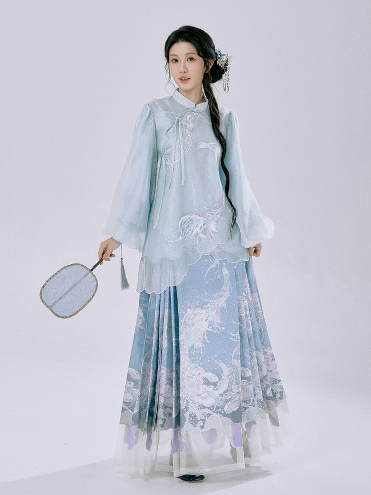 Spiritual Fish and Sea Waves – Dreamy Blue Hanfu Set with Horse Face Skirt Mamianqun Set-Lovesyouforever