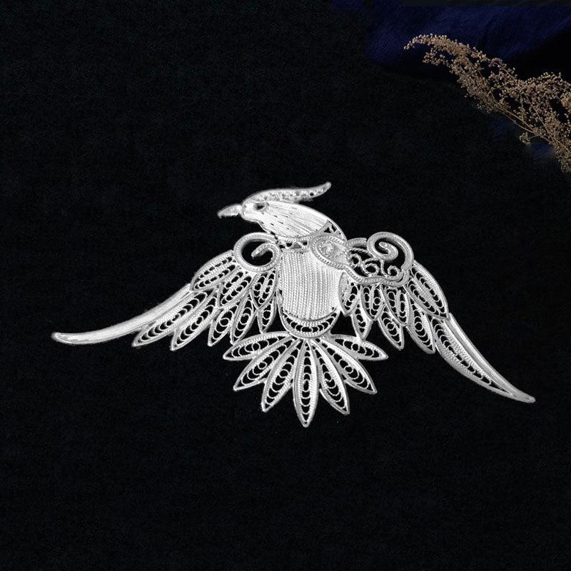 Vintage Plain Silver Filigree Auspicious Bird Phoenix Brooch for Women-Lovesyouforever