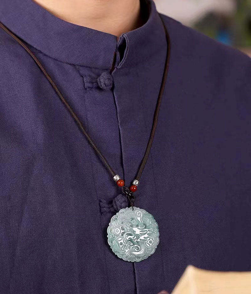 Hand Carved Round Natural Ice Jadeite Jade Chinese Dragon Pendant Necklace-Lovesyouforever