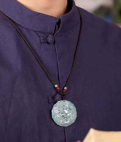 Hand Carved Round Natural Ice Jadeite Jade Chinese Dragon Pendant Necklace-Lovesyouforever