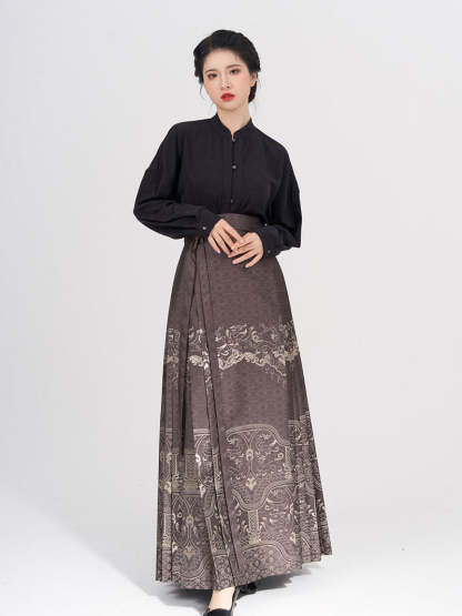 Vintage Chinese Traditional Auspicious Flower Pattern Yarn-dyed Jacquard Cloth Mamianqun Morden Hanfu Skirt-Lovesyouforever