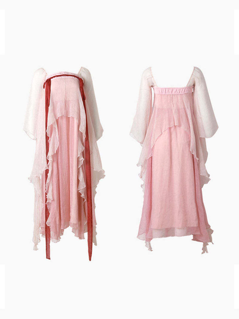 Handmade Pink Modern Hanfu Dess Daily Hanfu Skirt Chinese Style Chiffon Fairy Dress-Lovesyouforever