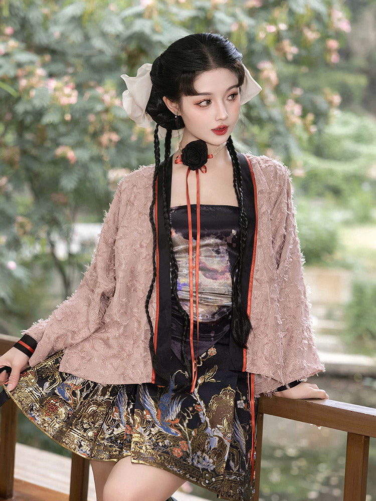 Magpie Herald of Joy – Chinese Magpie and Plum Blossom Brocade Woven Gold Mini Mamianqun Hanfu Skirt-Lovesyouforever