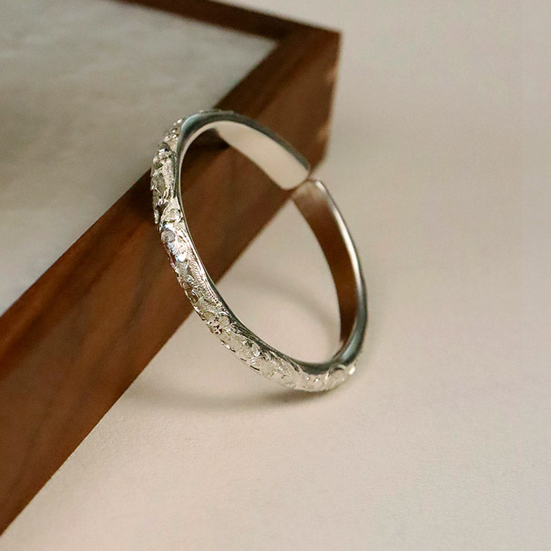 Hand Carved Chinese Style Vintage Vine Pattern Pure Solid Silver Bangle Bracelet-Lovesyouforever