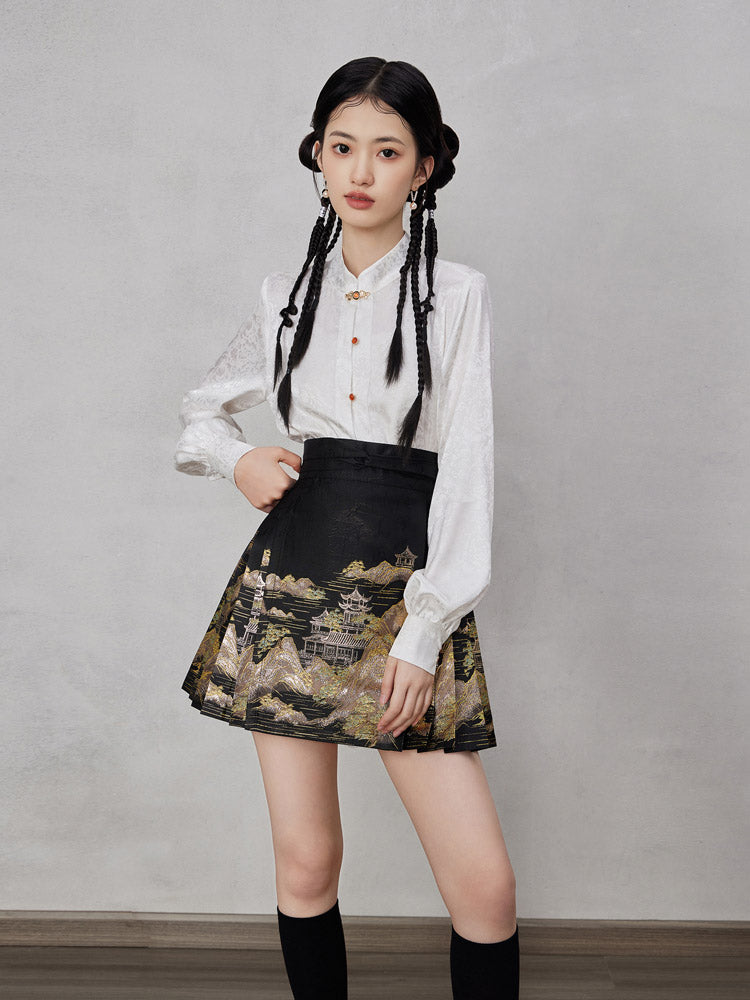 Mountains, Waters, and Pavilions – Woven Gold Short Mamianqun Skirt Neo-Hanfu Mini Skirt-Lovesyouforever