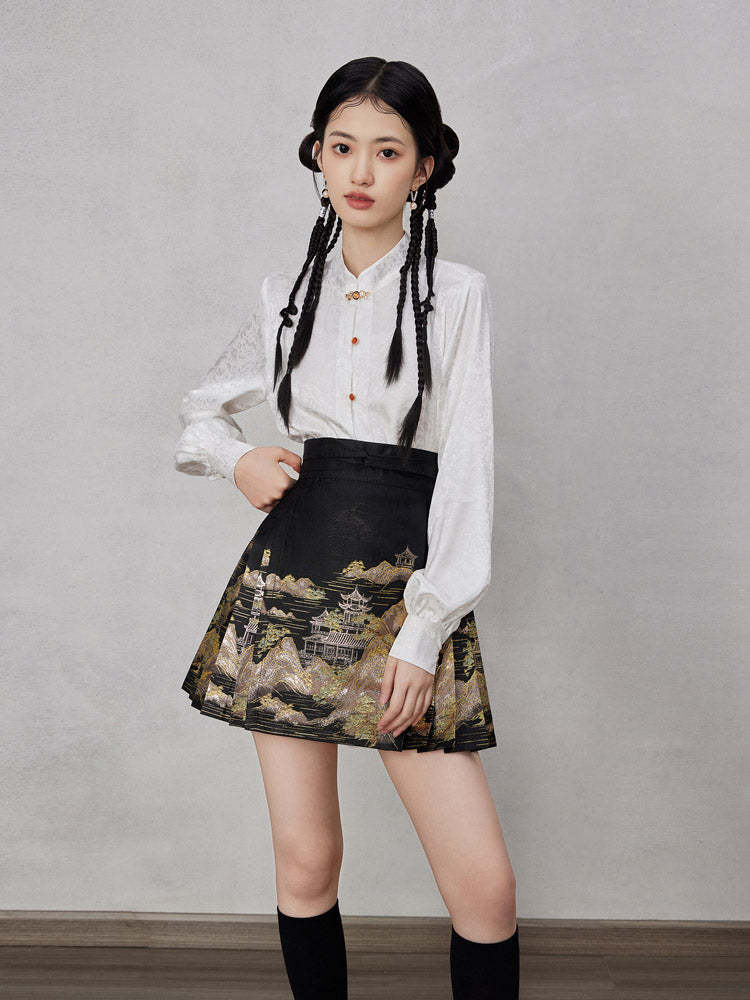 Mountains, Waters, and Pavilions – Woven Gold Short Mamianqun Skirt Neo-Hanfu Mini Skirt-Lovesyouforever