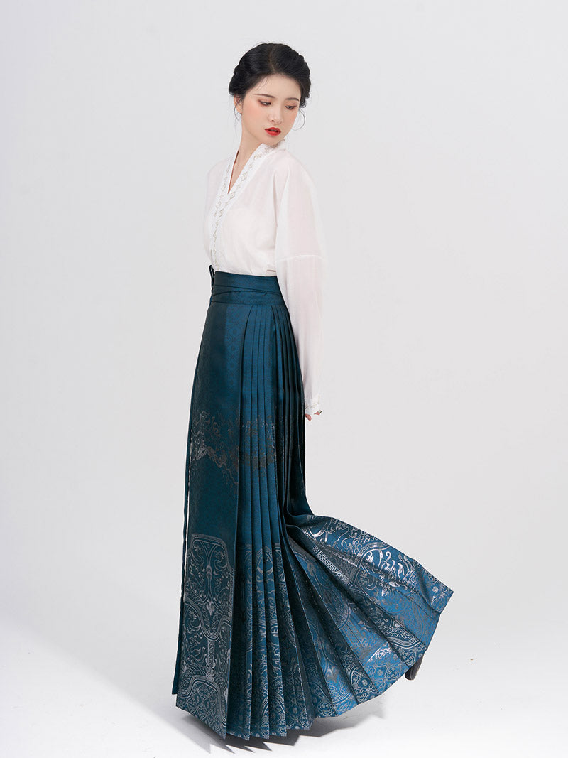 Vintage Chinese Traditional Auspicious Flower Pattern Yarn-dyed Jacquard Cloth Mamianqun Morden Hanfu Skirt-Lovesyouforever