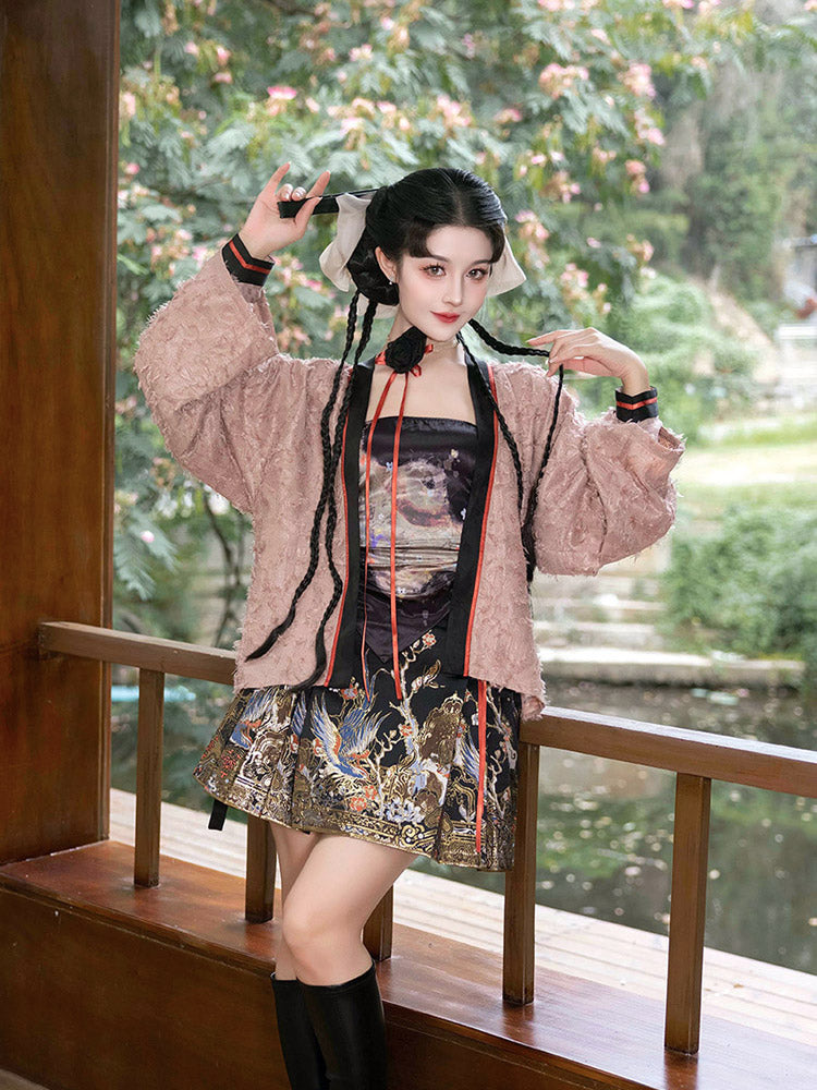 Magpie Herald of Joy – Chinese Magpie and Plum Blossom Brocade Woven Gold Mini Mamianqun Hanfu Skirt-Lovesyouforever
