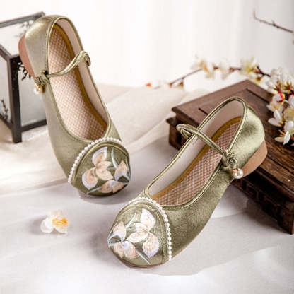 Orchid Flower Embroidery Ankle Strap Low Heel Shoes-Lovesyouforever