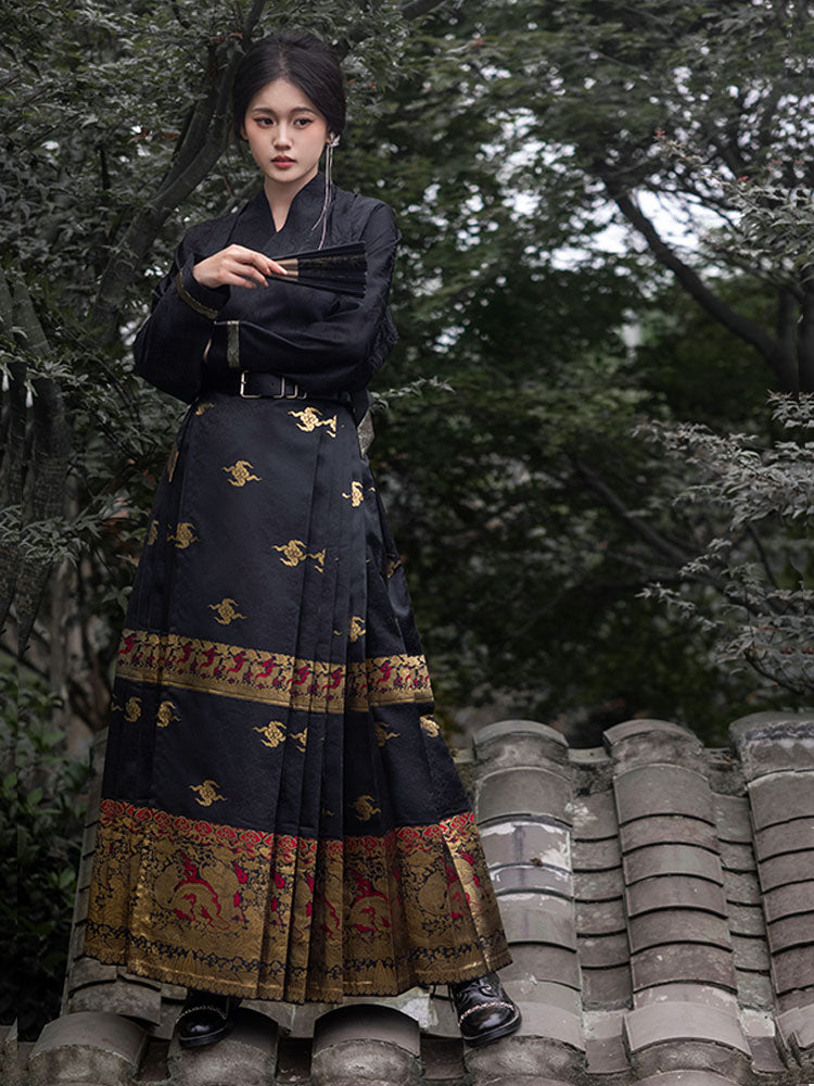 Ocean Wave Pattern Woven Gold Traditional Chinese Retro Pattern Mamianqun Skirt-Lovesyouforever