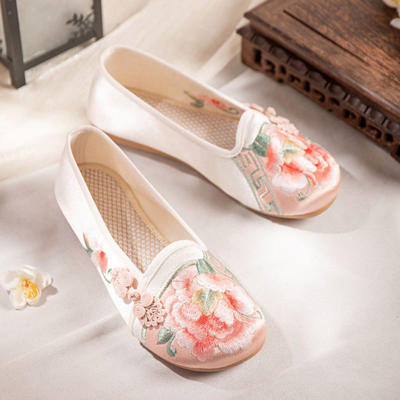 Vintage Peony Flower Embroidered Flat Shoes with Delicate Chinese Buckle-Lovesyouforever