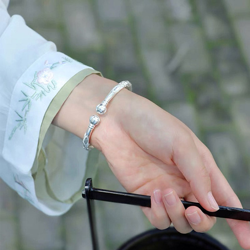 Hand Carved Retro Chinese Lotus Pattern Pure Solid Silver Bangle Bracelet with Pumpkin Shaped Opening-Lovesyouforever