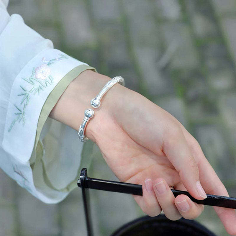 Hand Carved Retro Chinese Lotus Pattern Pure Solid Silver Bangle Bracelet with Pumpkin Shaped Opening-Lovesyouforever