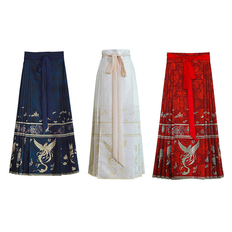 Woven Gold Phoenix and Xiangyun Floral Yarn-dyed Jacquard Cloth Mamianqun Hanfu Skirt Daily Wear-Lovesyouforever