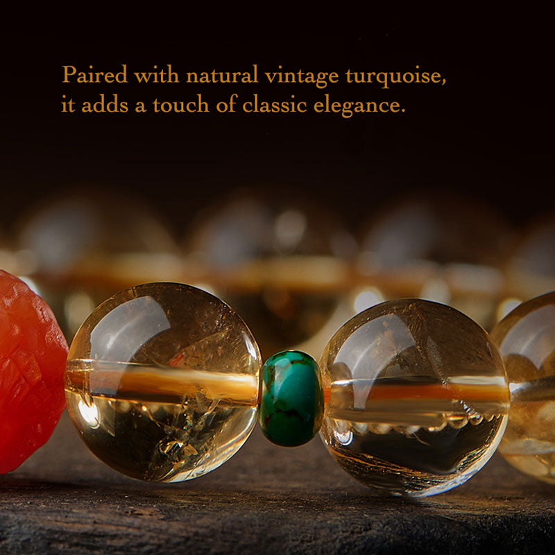 Natural Yellow Citrine Bracelet with South Red Agate Pixiu and Turquoise Beads-Lovesyouforever
