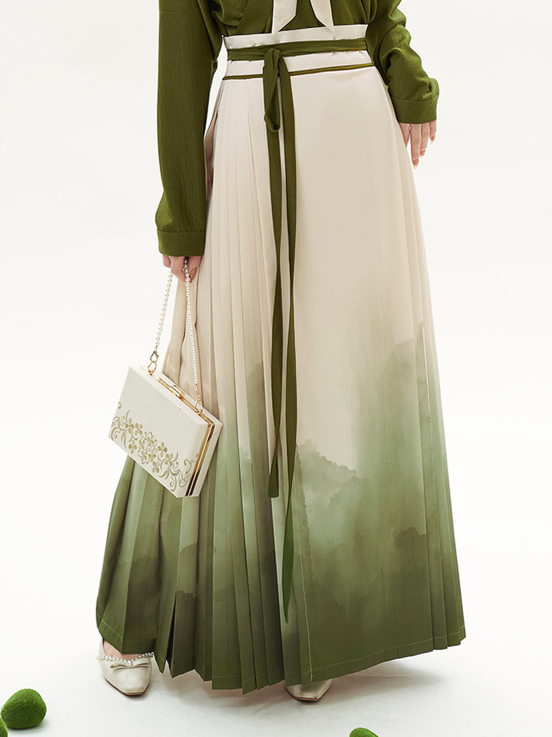 Matcha Green Chinese Style Artistic Landscape Painting Morden Hanfu Set Mamianqun Hanfu Skirt-Lovesyouforever