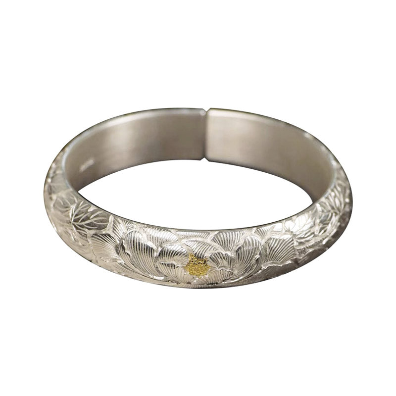 Hand-Carved Chinese Style Vintage Peony Pattern Pure Solid Silver with Gold Inlay Opening Bangle Bracelet-Lovesyouforever