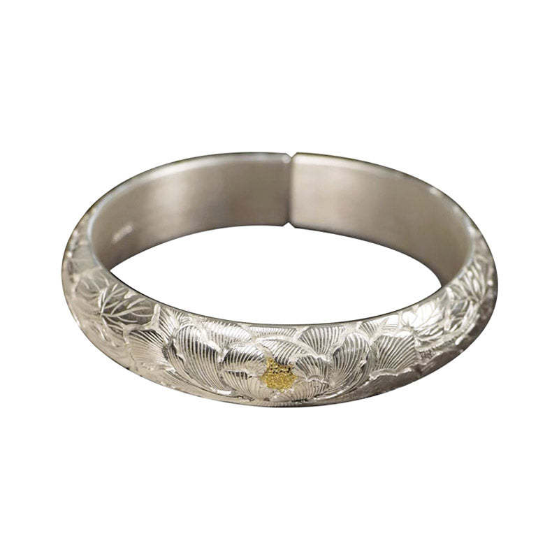 Hand-Carved Chinese Style Vintage Peony Pattern Pure Solid Silver with Gold Inlay Opening Bangle Bracelet-Lovesyouforever