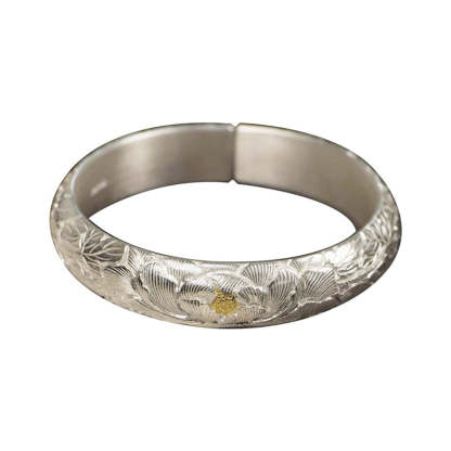 Hand-Carved Chinese Style Vintage Peony Pattern Pure Solid Silver with Gold Inlay Opening Bangle Bracelet-Lovesyouforever