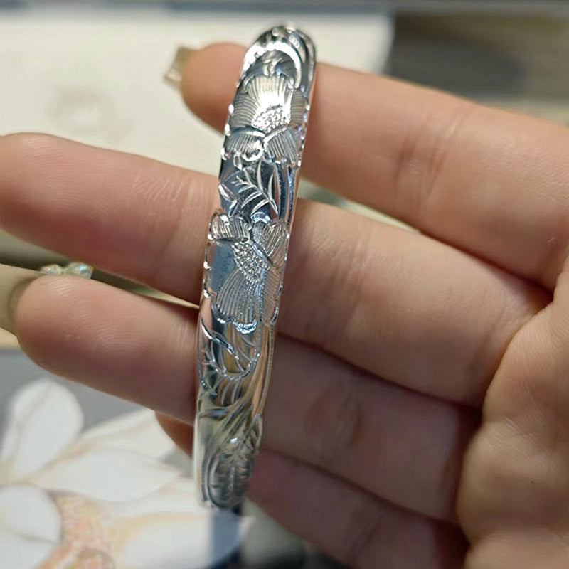 Vintage Chinese Style Hand-Carved Flower Pure Solid Silver Bangle Bracelet for Women-Lovesyouforever