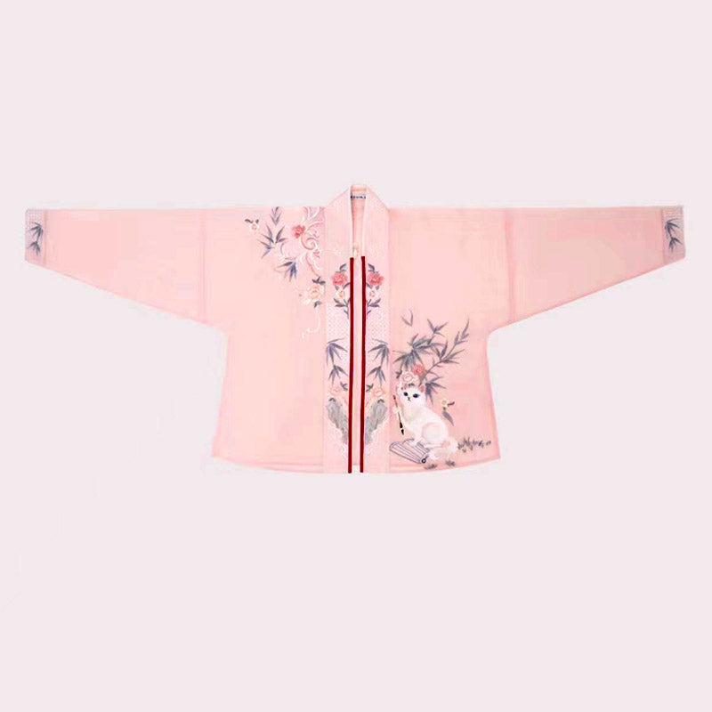 Bamboo Leaves Flowers and Cat Embroidery Casual Pink Hanfu Set-Lovesyouforever