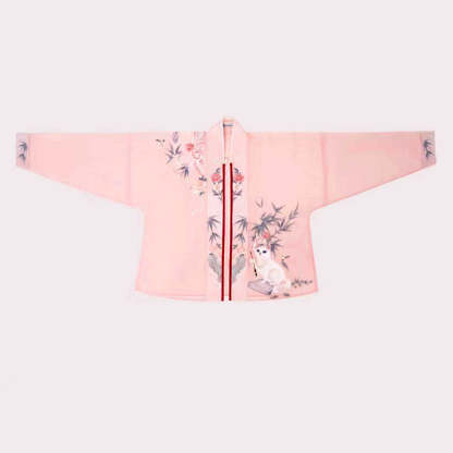 Bamboo Leaves Flowers and Cat Embroidery Casual Pink Hanfu Set-Lovesyouforever