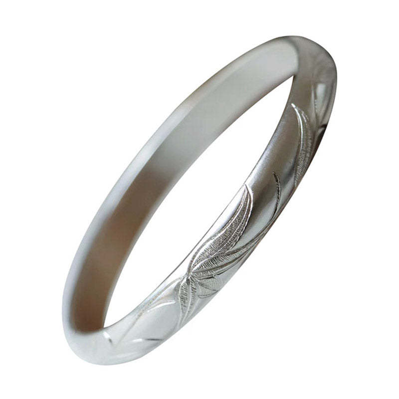 Hand Carved Vintage Chinese Bamboo Leaf Pattern Pure Solid Silver Bangle Bracelet Jewelry Gift-Lovesyouforever