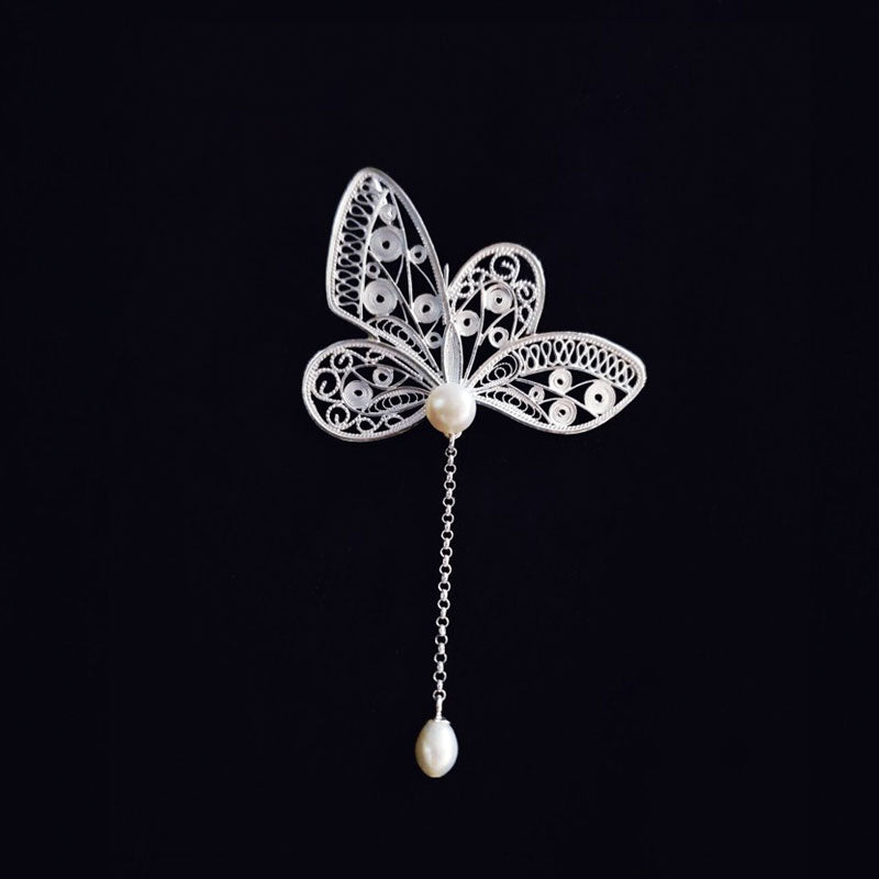 Vintage Plain Silver Filigree Butterfly Brooch/Pendant with Natural Freshwater Pearls-Lovesyouforever