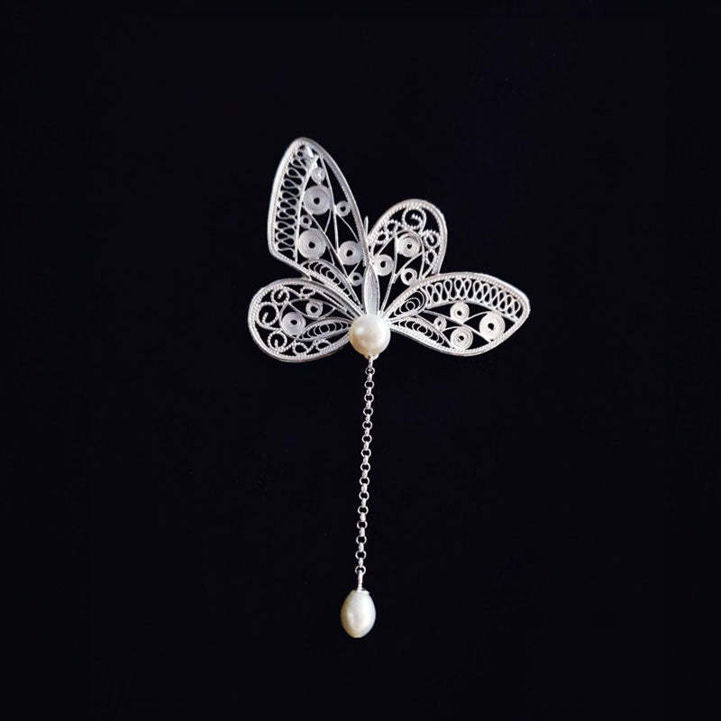 Vintage Plain Silver Filigree Butterfly Brooch/Pendant with Natural Freshwater Pearls-Lovesyouforever