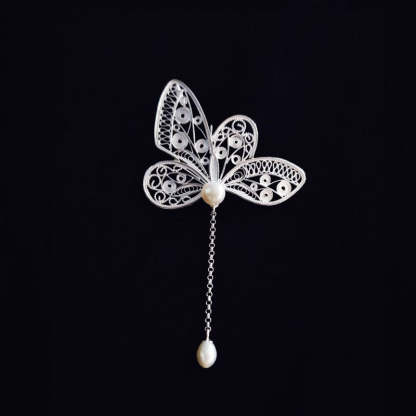 Vintage Plain Silver Filigree Butterfly Brooch/Pendant with Natural Freshwater Pearls-Lovesyouforever