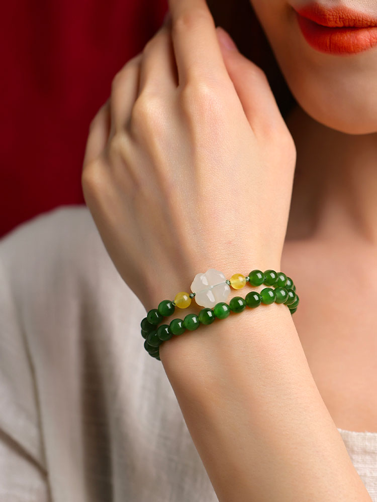 Xinjiang Hetian Jade Bracelet Adorned with a Four Leaf Clover Green Jade Biyu Bracelet-Lovesyouforever