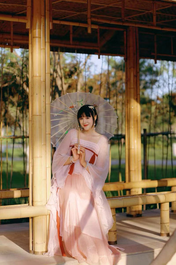 Handmade Pink Modern Hanfu Dess Daily Hanfu Skirt Chinese Style Chiffon Fairy Dress-Lovesyouforever