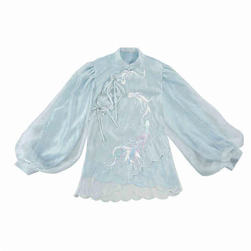 Spiritual Fish and Sea Waves – Dreamy Blue Hanfu Set with Horse Face Skirt Mamianqun Set-Lovesyouforever