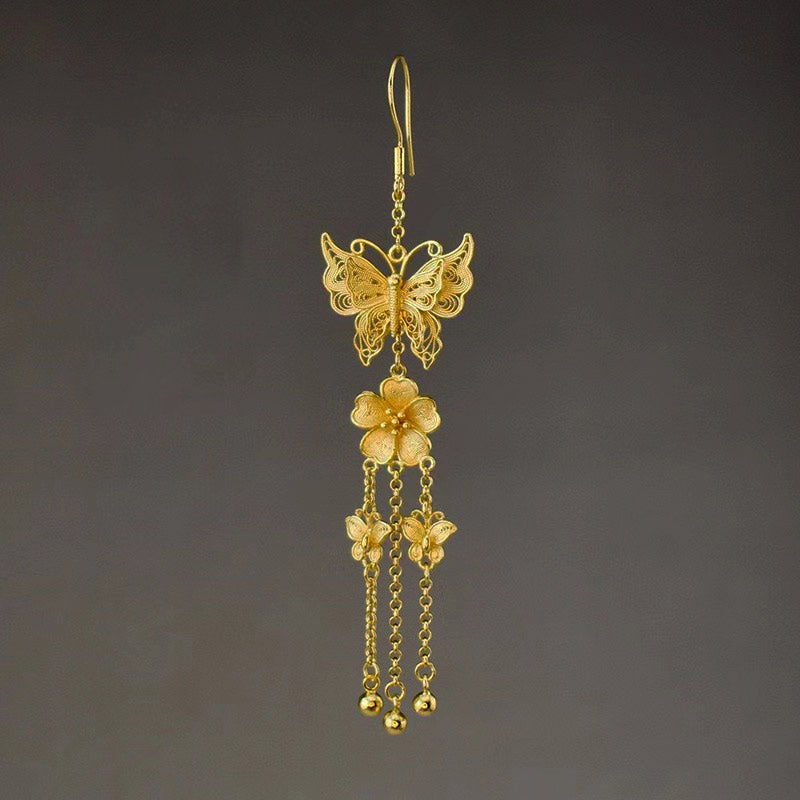 Handcrafted Vintage 999 Sterling Silver Double Butterfly Tassel Filigree Earrings-Lovesyouforever