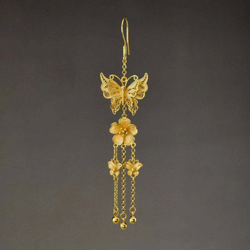 Handcrafted Vintage 999 Sterling Silver Double Butterfly Tassel Filigree Earrings-Lovesyouforever