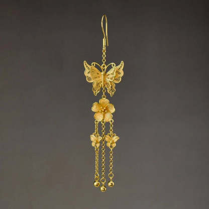 Handcrafted Vintage 999 Sterling Silver Double Butterfly Tassel Filigree Earrings-Lovesyouforever
