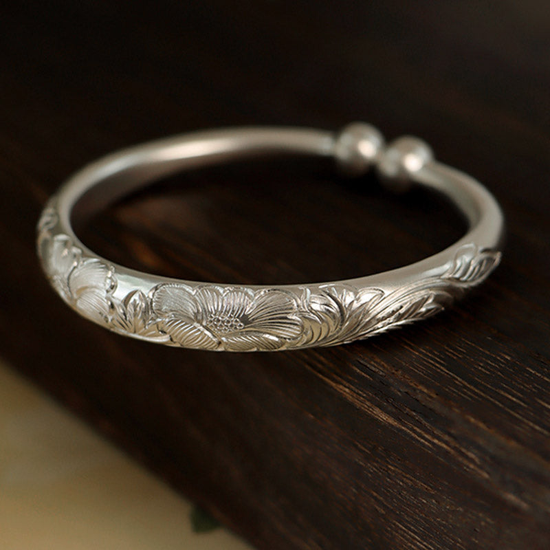 Vintage Chinese Style Hand-Carved Flower Pure Solid Silver Bangle Bracelet for Women-Lovesyouforever