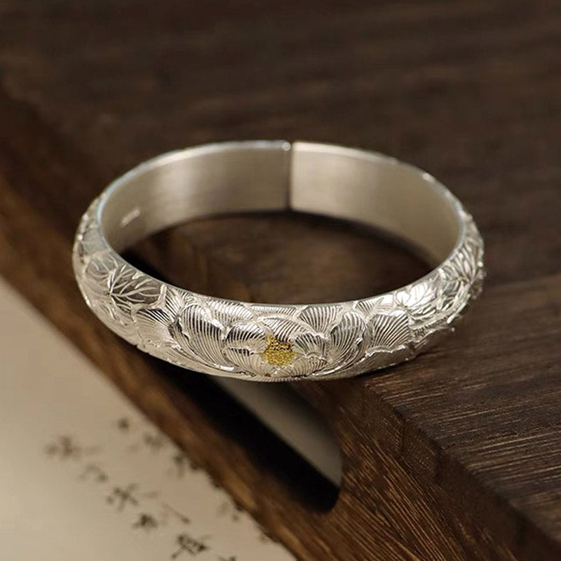 Hand-Carved Chinese Style Vintage Peony Pattern Pure Solid Silver with Gold Inlay Opening Bangle Bracelet-Lovesyouforever