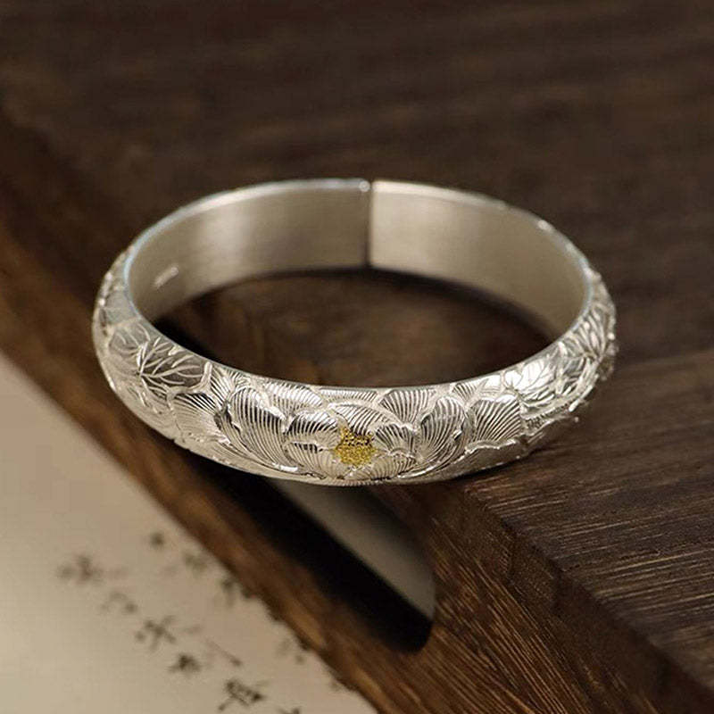 Hand-Carved Chinese Style Vintage Peony Pattern Pure Solid Silver with Gold Inlay Opening Bangle Bracelet-Lovesyouforever