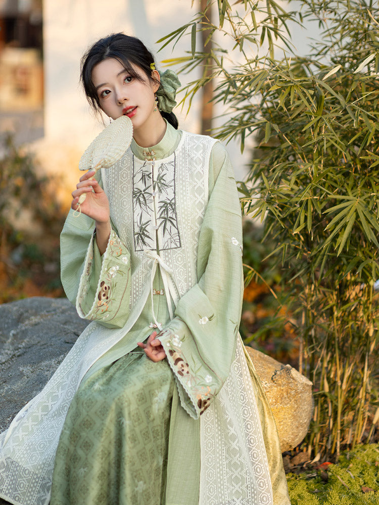Green Hanfu Skirt Set Inspired by Bamboo Shadows Garden Painting-Lovesyouforever