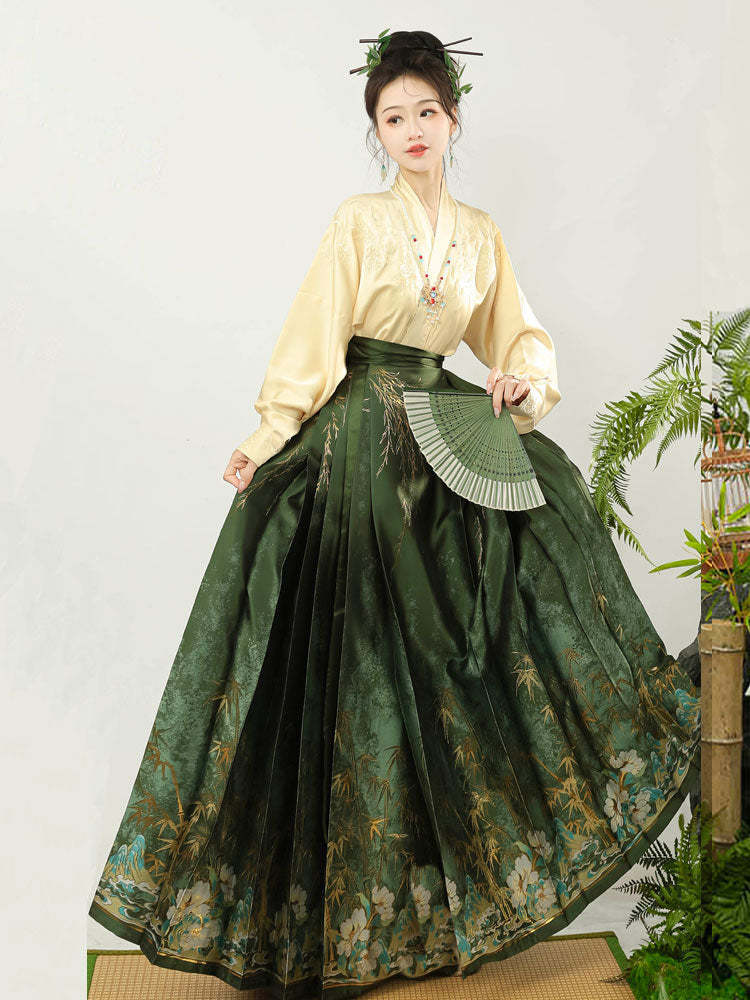 Flickering Bamboo Shadows - Green Vintage Woven Gold Mamianqun Skirt-Lovesyouforever