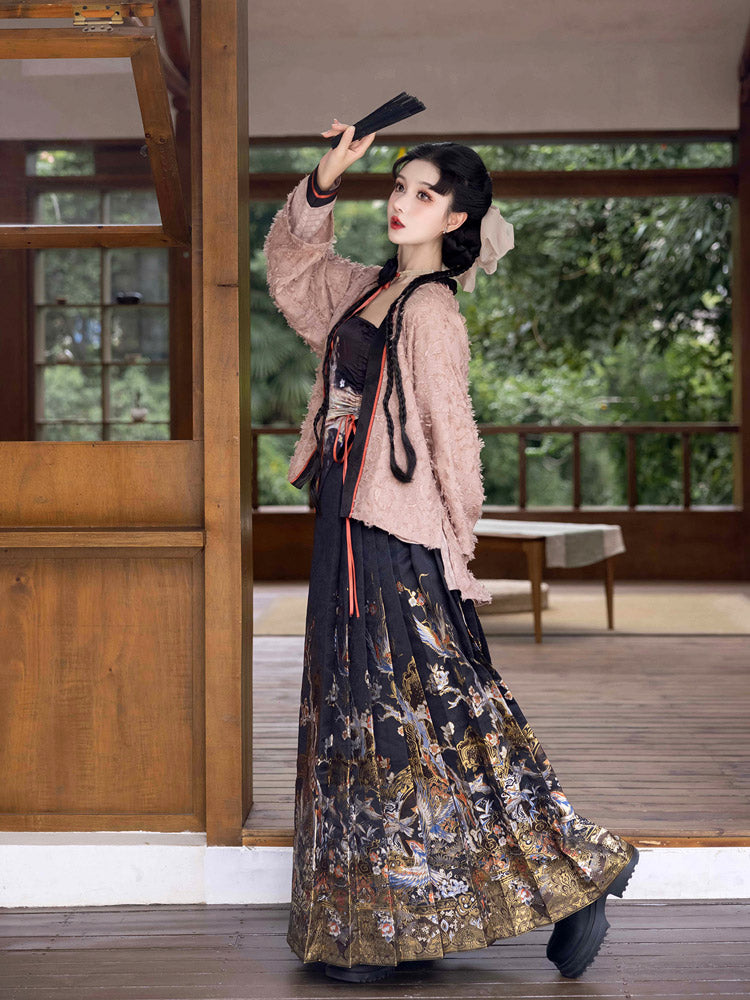 Magpie Herald of Joy – Chinese Magpie and Plum Blossom Brocade Woven Gold Mini Mamianqun Hanfu Skirt-Lovesyouforever