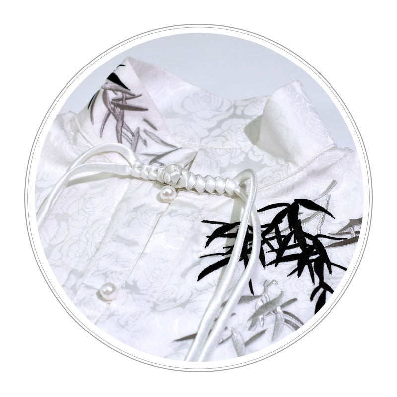 Morden Chinese Embroidered Bamboo Leaf Jacquard Satin Fabric Hanfu Shirt Blouse, paired with Mamianqun Skirt-Lovesyouforever